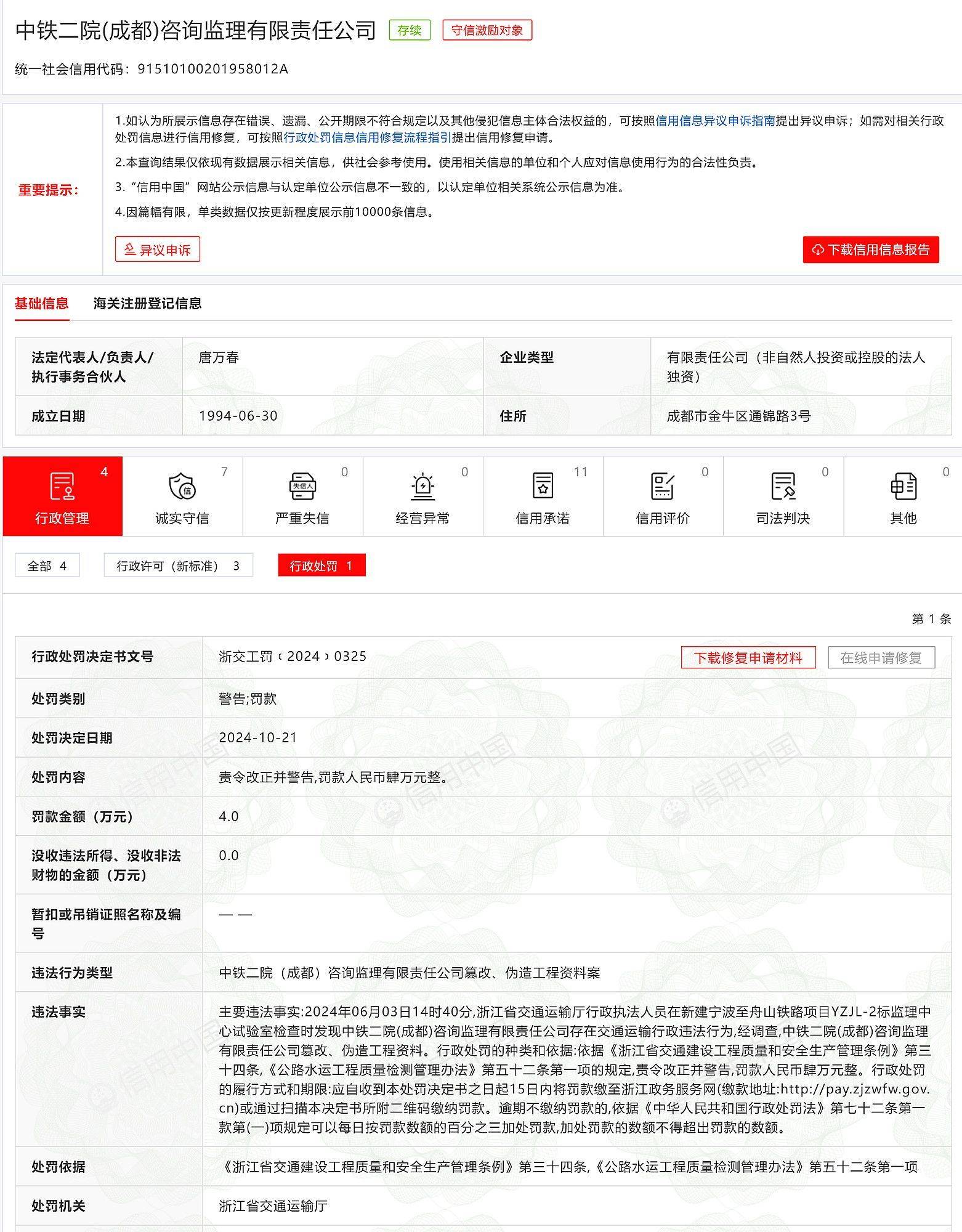 篡改、伪造工程资料，中铁二院(成都)咨询监理有限责任公司被处罚