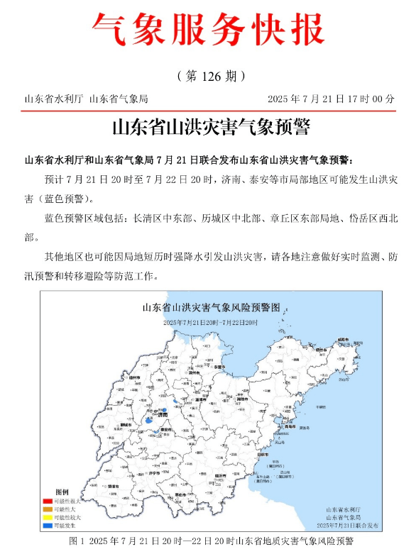 大到暴雨局部大暴雨，阵风10级，山东最新天气预报！山洪灾害蓝色预警发布