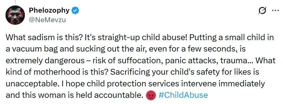 网红妈妈闲着无聊，把娃放进真空袋抽真空？她以为好笑，却差点被骂退网