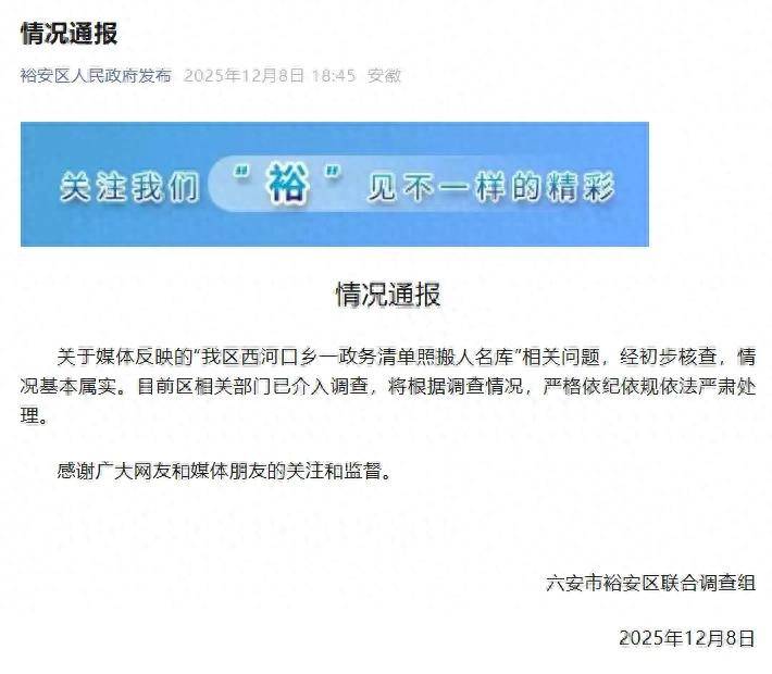 安徽六安通报“一地政务清单照搬人名库”：基本属实，将根据调查情况，严格依纪依规依法严肃处理